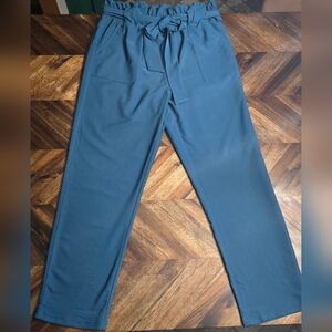 Grace Karin Blue Waist Tie Belted Cropped Paper Bag Waist Pants Size XL